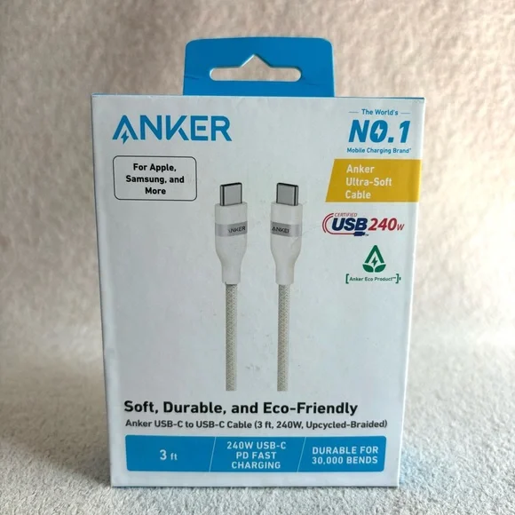 NEW Anker 3ft USB-C Phone Charger Cable Fast Mobile Charging Cord White 240W - Picture 1 of 3